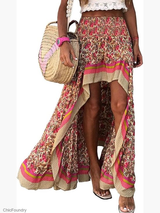 Dresses & Skirts - Floral Maxi Skirt High Low Ruffle Split Elastic Waist Casual Beach